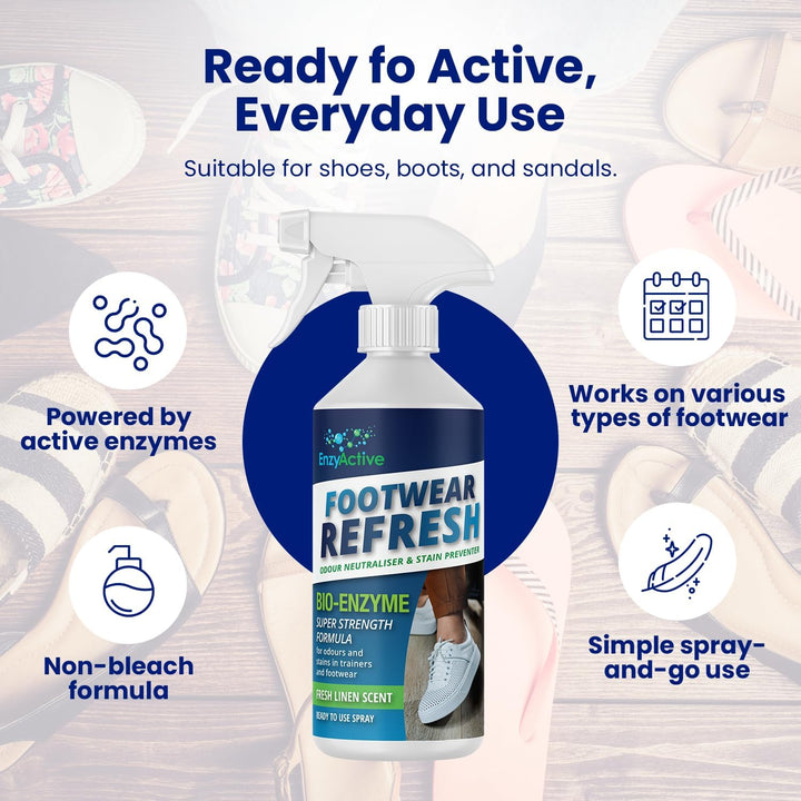 Shoe Refresh & Deodriser Spray Odour Neutraliser Linen Fresh Kick with Enzymes Sweat Eliminator for Trainers, Shoes, Sandals, Hiking Boots, Slippers for Bad Odours from Smelly Feet 500ML
