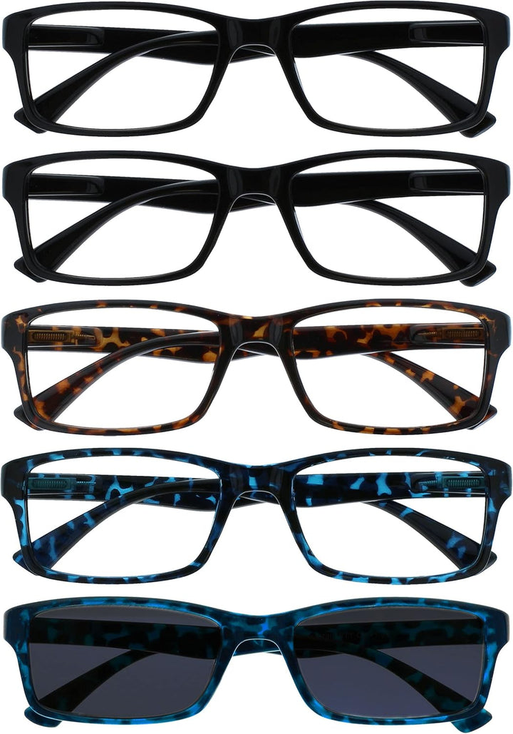 PEP Reading Glasses for Women Men, Large Rectangular Designer Frame with Spring Hinges, Scratch Resistant, Black +2 (Pack of 5)