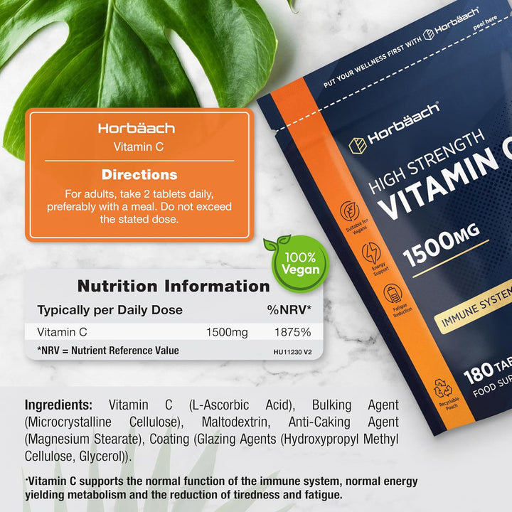 Vitamin C Tablets 1500Mg | 180 Count | High Strength Vitamin C as Ascorbic Acid | Suitable for Vegetarian and Vegan | by