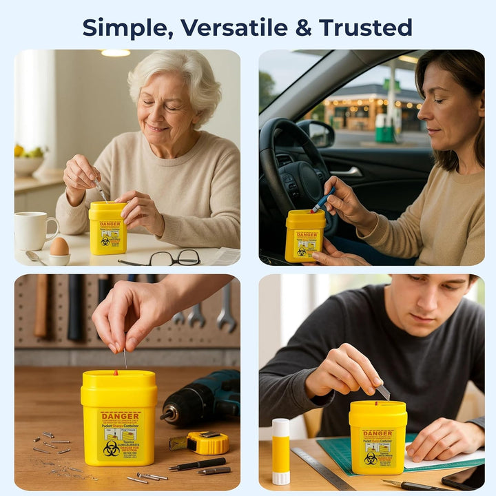 Travel Sharps Bin Mini 4 Container Pack - Small Sharps Box for Needles, Lancets, Razor Blades - Portable Clinical Waste Bin Ideal for Travel, Work, Home - 4 Yellow Needle Disposal Box Size 0.2L Each