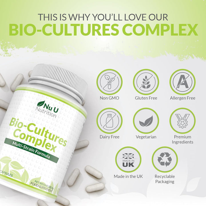 Bio-Cultures Complex - 180 High Strength Capsules - Lactobacillus Acidophilus, Rhamnosus & Bifidobacterium - 6 Month Supply - Gentle Vegetarian Multi-Strain Formula for Men & Women -