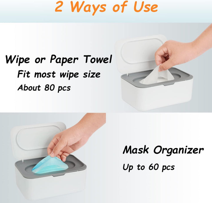 Wipes Dispenser, Wipe Holder for Baby & Adult,  Refillable Wipe Container, Keeps Wipes Fresh, One-Handed Operation. Non-Slip, Easy Open/Close Wipes Pouch Case, Grey