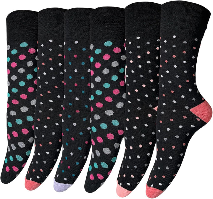 6 Pairs Ladies Loose-Top Non-Elastic Socks, (Pack of 6) COTTON, Bright Colours Diabetic Socks UK Size 4-7, EUR Size 37-42