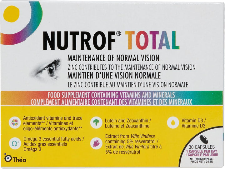 Nutrof Total Capsules – Eye Health Supplement with Lutein, Zeaxanthin, Omega 3, and Antioxidants | Essential Nutrients for Optimal Eye Health | Pack of 30 Capsules (1 Capsule per Day - 1-Month Supply)