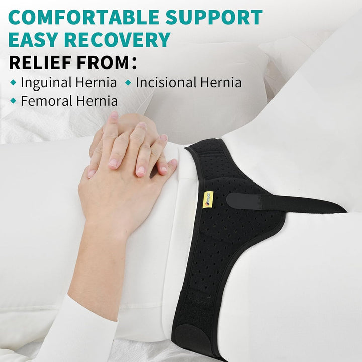 Hernia Belt Truss for Men and Women Left or Right Side Supportive Groin Pain with Removable Compression Pads for Pre or Post-Surgical, Femoral, Comfortable Adjustable (Black, L)