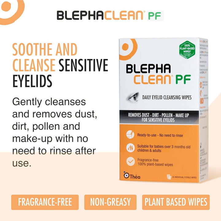 Blephaclean PF Daily Eyelid Wipes - Gentle Cleansing for the Eyelids and Skin around the Eyes | Suitable for Babies (Over 3 Months Old), Children & Adults | 20 Sterile Plastic-Free Wipes