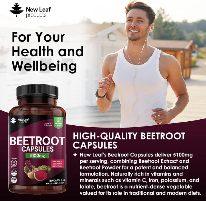 Beetroot Capsules 5100Mg - High Strength Beetroot Supplement 180 Vegan Capsules - Nitric Oxide - Enriched with Black Pepper Made in the UK by New Leaf