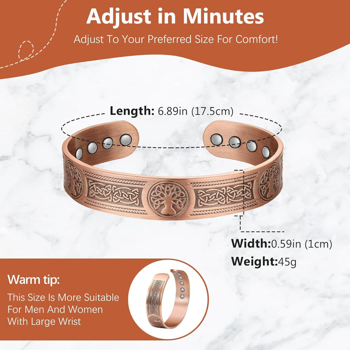 Copper Bracelets for Men Women,Tree of Life and Celtic Knot Design Copper Magnetic Bracelets Cuff Bangle with 12Pcs Powerful Magnets(Each 3800 Gauss), Brazaletes Jewelry with Gift Box