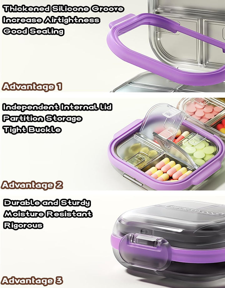 Pocket Pill Case Box, Pill Dispenser 7 Compartments, Weekly Medication Organiser, Vitamin Medication Case Airtight & Moistureproof (Purple Gray)