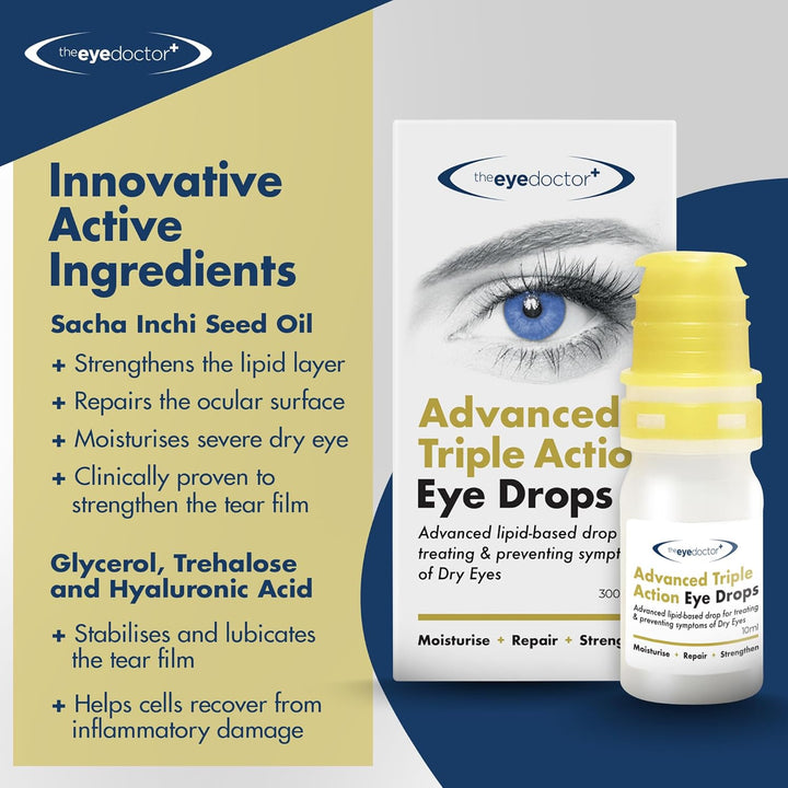 Dry Eye Drops, Advanced Triple Action Formula – Lipid-Based Eye Drop for MGD, Blepharitis & Evaporative Dry Eye, Preservative Free, Contact Lens Friendly, 300 Drops, 10Ml