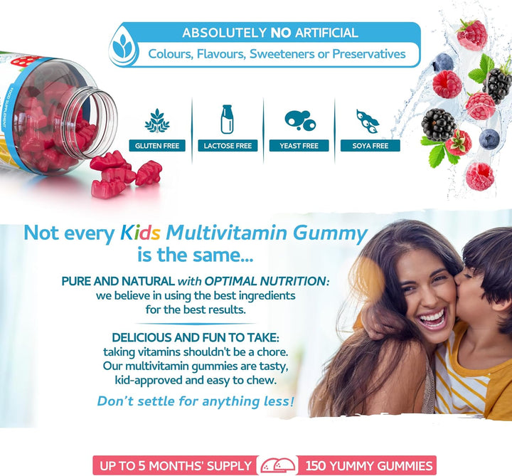 Kids/Childrens Vitamins - 150 Multivitamin & Minerals Gummies - Natural Berry Flavour Packed with Essential Nutrients - Vegan & Free of Artificial Sweeteners – 5 Months Supply – UK Made