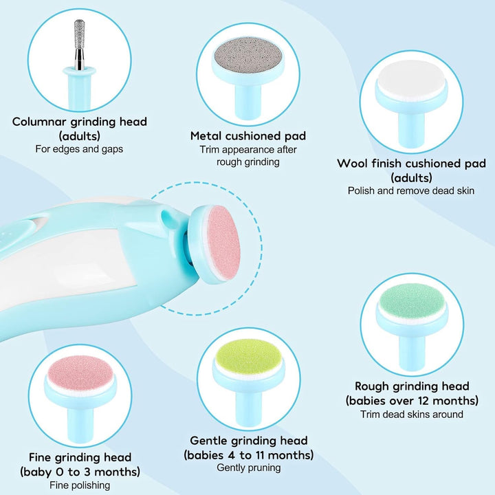 Baby Electric Nail File, 8 in 1 Safe Baby Nail Trimmer, Baby Nail Clippers with 6 Grinding Heads and Light, Baby Nail Care Kit for All Ages (Blue)