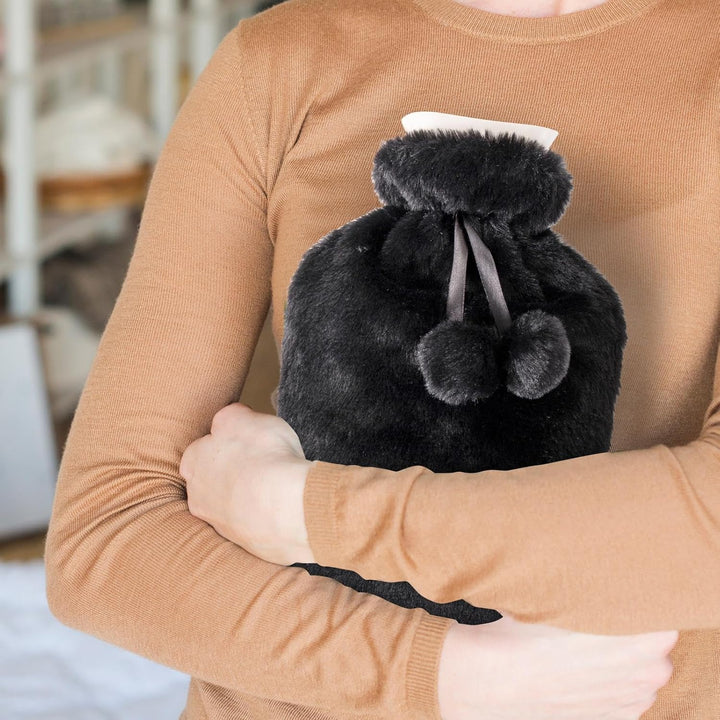 Large 2L Hot Water Bottle with Plush Cover & Bobble - Durable, Washable Heating Pad for Body Pain Relief & Cosy Nights - Perfect for Aches, Pains, and Thoughtful Gifts (Black Plush)