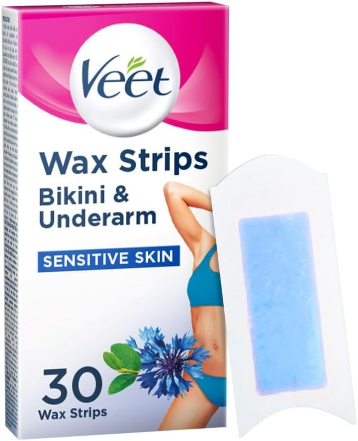 Expert Cold Wax Strips, Bikini & Underarms, Sensitive Skin, 30 Wax Strips (3 Finish Wipes with Argan Oil), Soothing with Almond Oil, Removes Shortest Hair from Root, 28 Days Smoothness