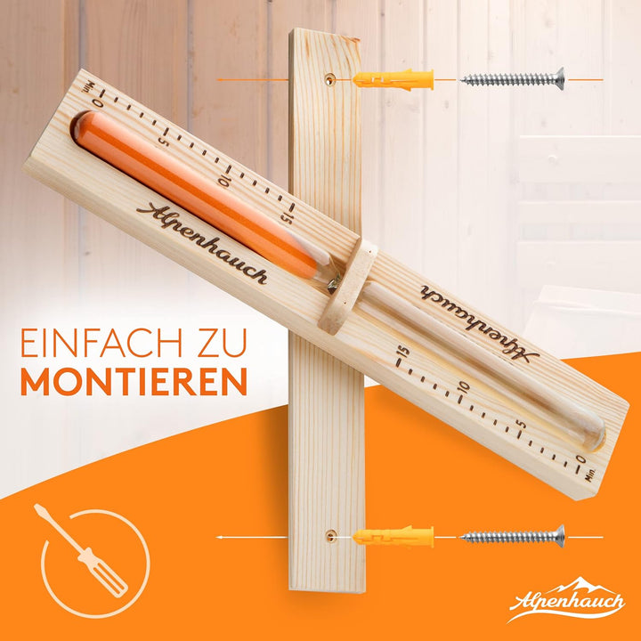 Sauna Sand Timer 15 Minutes Made of 100% Natural Wood,Elegant Sauna Clock with Ultra Fine Sand,360° Rotatable Wooden Sauna Clock,Includes Sauna Book + Mounting Accessories