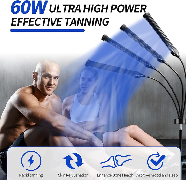 Tanning Lamp for Home with 460Nm & 490Nm Blue Light, 60W Face Tanning Lamp with 4 Lamp Heads and Adjustable Bracket, Tanning Bed with Adjustable Lighting Mode Intensity Time, Sunbeds for Home Tanning