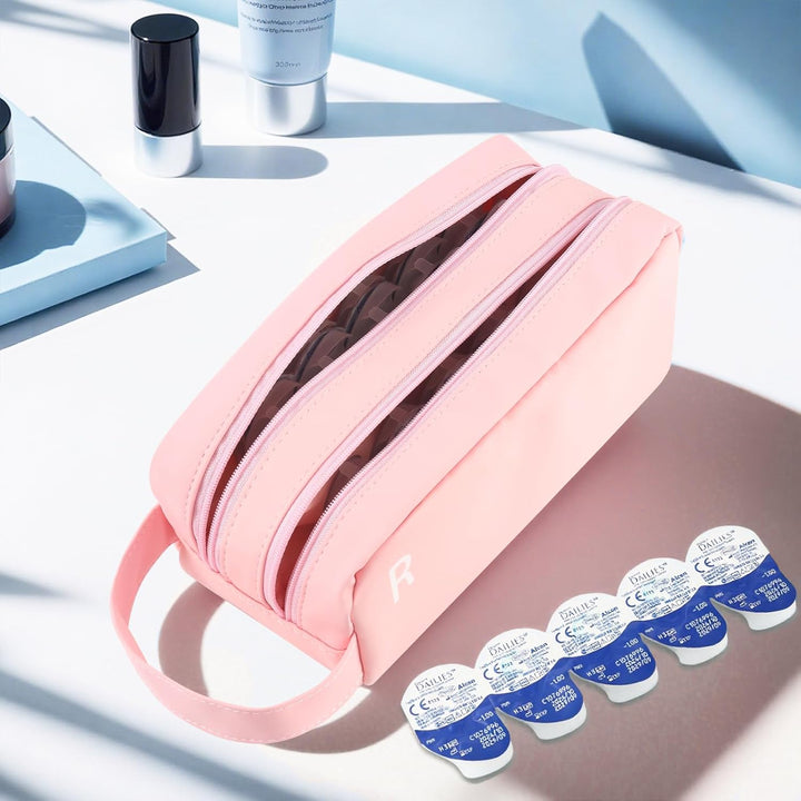 Daily Contact Lens Organizer Case,Portable Contact Lens Storage Case,Travel Contact Lens Storage Case with Clearly Labeled R & L,Storage up to 100 Lenses (Pink)