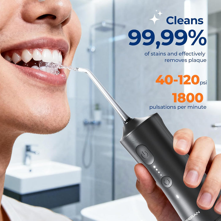 Water Dental Flosser for Teeth Cordless, 300ML Rechargeable Oral Irrigator with 4 Modes, Water Flossers for Adults, IPX7 Waterproof, Use at Home/Travel, Black，1 Pack + 4 Nozzles