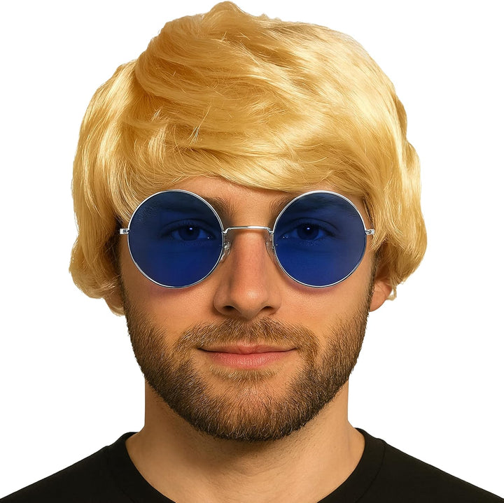 Mens Blonde Boyband Wig with Fringe Fancy Dress Accessories - Short Blonde Wig Men Hair Accessory for Britpop Party 60S 70S and 80S Fancy Dress Adult - Synthetic Short Hair as Halloween Accessories