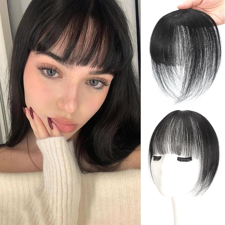 Clip in Fringe - Bangs Hair Clip in Bangs 100% Real Human Hair Extensions Clip on Air Bangs for Women Fringe with Temples Hairpieces Curved Bangs (Dark Brown, French Bangs)
