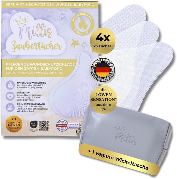 Magic Wipes for Nappy Dermatitis Baby, as Known from "The Lion'S Cave", 100 Wipes (4 X 25) with Aloe Vera, Almond Oil & Q10 - Nourishes, Protects & Serves as Wound Protection for Irritated Skin