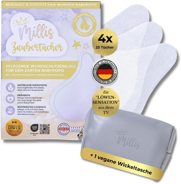 Magic Wipes for Nappy Dermatitis Baby, as Known from "The Lion'S Cave", 100 Wipes (4 X 25) with Aloe Vera, Almond Oil & Q10 - Nourishes, Protects & Serves as Wound Protection for Irritated Skin