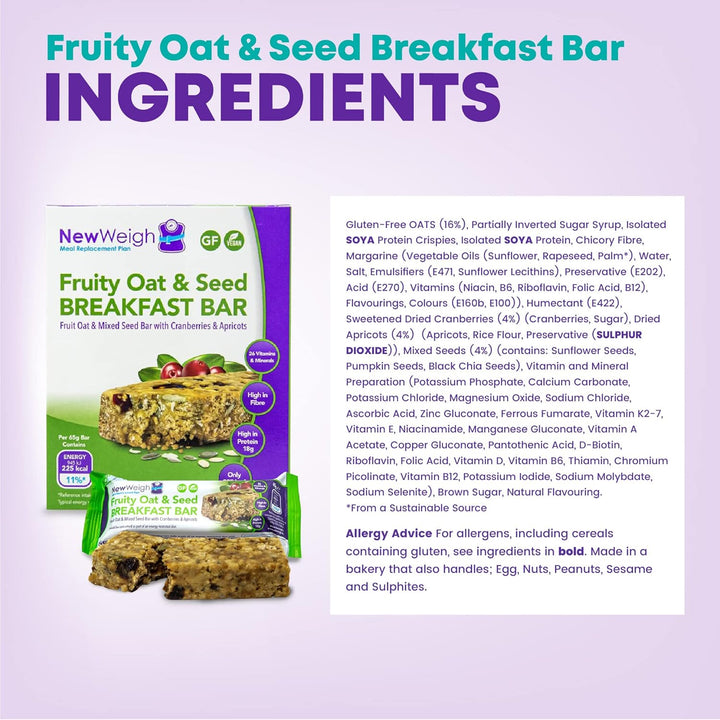Fruity Oat & Seed Meal Replacement Protein Bars - High in Fibre Energy Breakfast Bar - Gluten-Free Nutritional Diet for Vegans, Vegetarians, Coeliacs (7 X 65G)