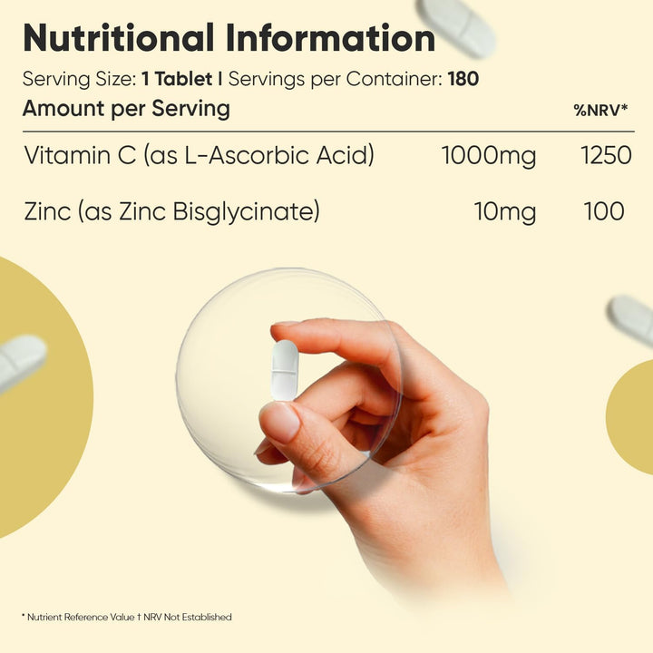 Vitamin C and Zinc Supplements - 6 Months Supply - 180 Tablets - 1 per Day - 1000Mg L-Ascorbic Acid & 10Mg Zinc Bisglycinate - Vegan-Friendly & Non-Gmo - Vitamin C Tablets for Men & Women