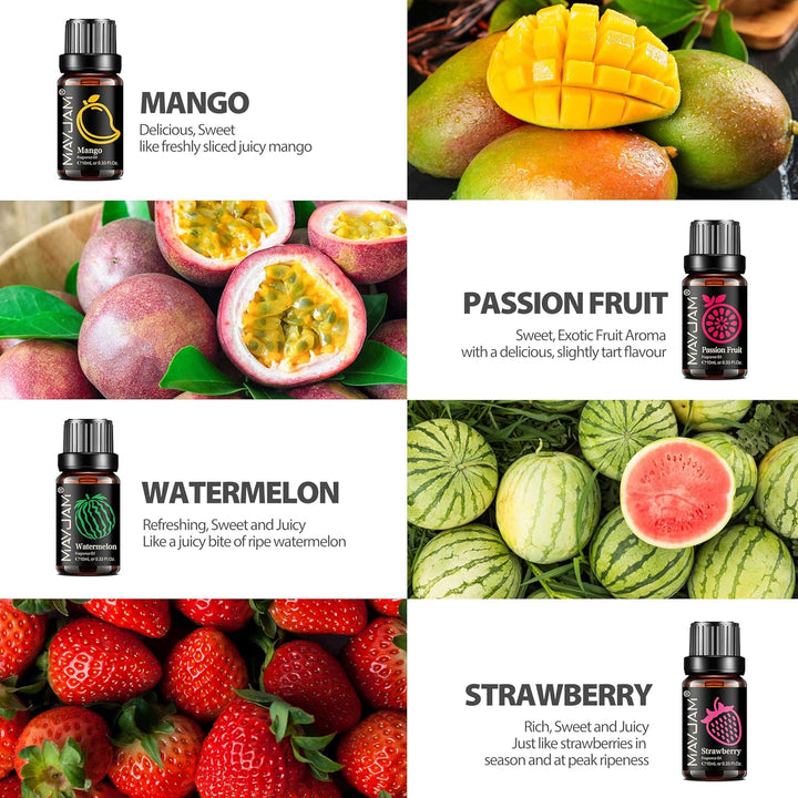 Fruity Fragrance Oil Set 8 X 10ML, Essential Oils Set for Diffuser - Aromatherapy, DIY - Mango, Passion Fruit, Strawberry, Watermelon, Coconut, Pineapple, Banana, Grape