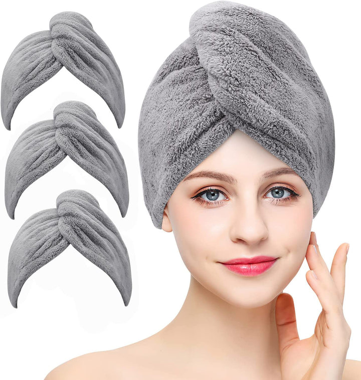 3 Pack Microfiber Hair Drying Towel Wrap Super Absorbent Twist Turban Fast Dry Hair Caps with Buttons Bath Loop Fasten Salon Dry Hair Hat (Gray Pink Blue)