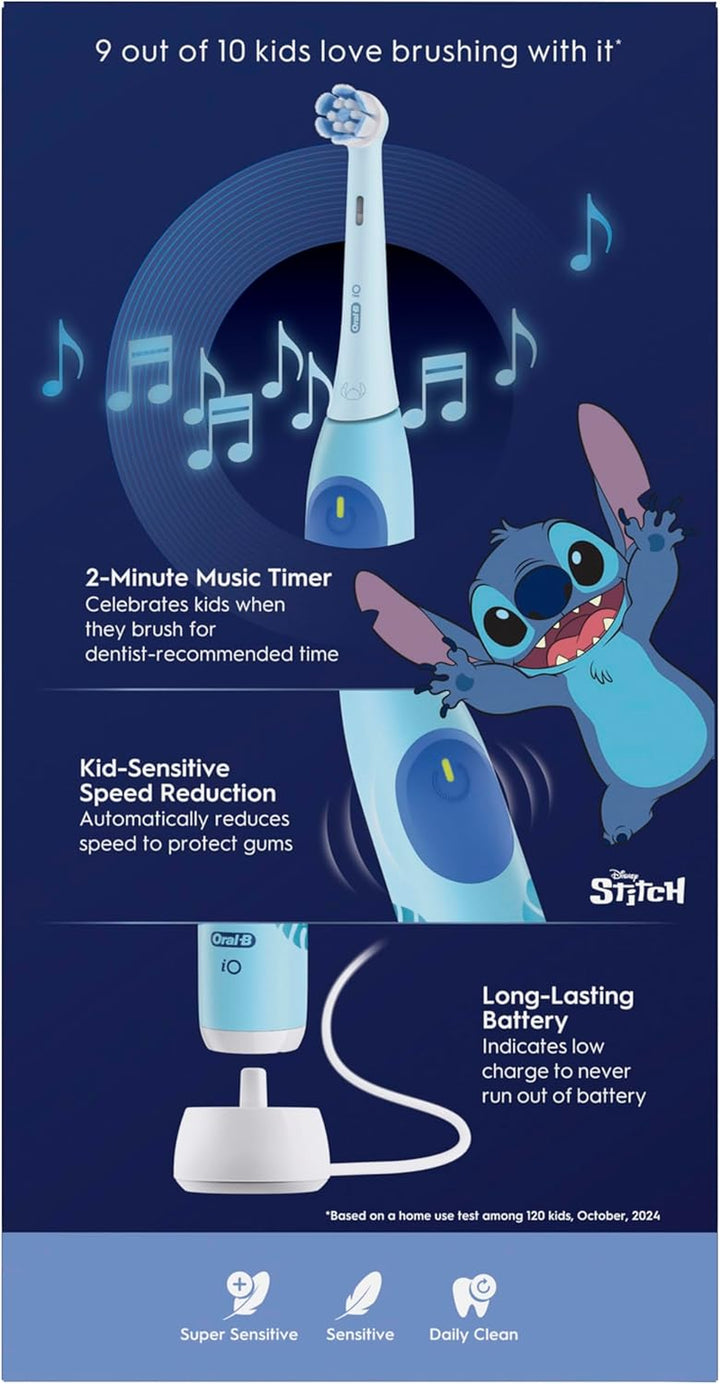 Io Kids Disney Stitch Electric Toothbrush, 1 Toothbrush Head, 1 Travel Case, 3 Modes with Kid-Friendly Sensitive Mode, 2-Min Music Timer, for Ages 6+