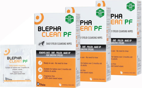 PF Daily Eyelid Cleansing Wipes - Gentle, Sterile Wipes to Soothe & Cleanse, Suitable for Sensitive Eyelids |Plastic-Free |Suitable for Babies (3+Months), Children, Adults |3 PACK|60 Wipes