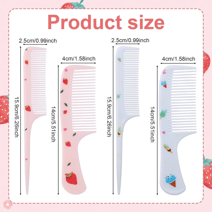4Pcs Cute Hair Comb Set, Strawberry & Ice Cream Kids Toddler Baby Comb Fine Tooth & Rat Tail Combs Small Tiny Mini Miniature Plastic Hair Brush for Women Girls Kids All Types
