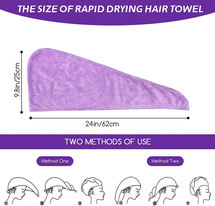 3 Pack Hair Towel Wrap, Microfibre Wrap Hair Towel with Button Super Quick Absorbent Anti-Frizz Fast Dry Hair Caps Twist Turban for Girls and Women and Best for Long, Wet, Thick Hair