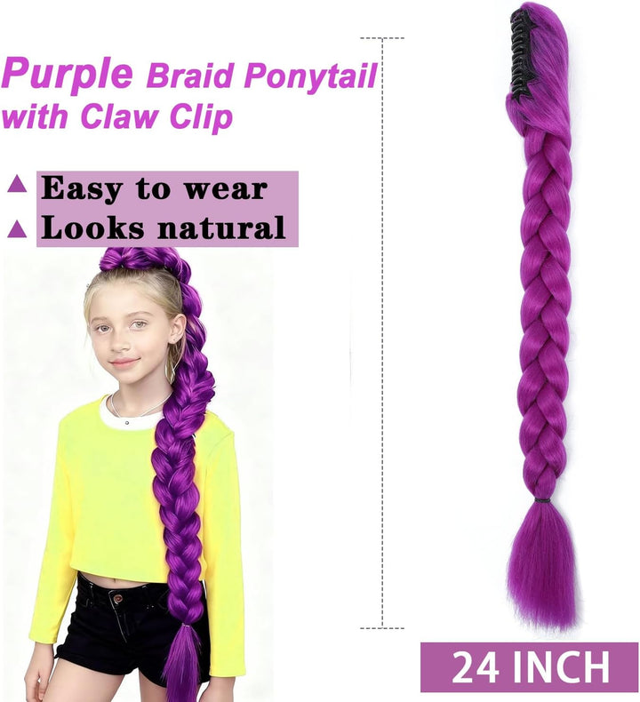 Long Purple Hair Extensions Synthetic Fiber Braid Cosplay Purple Braiding Hair 24 INCH Easy Claw Clip Ponytail Extension for Cosplay Halloween Costume (Purple, 24 Inch)