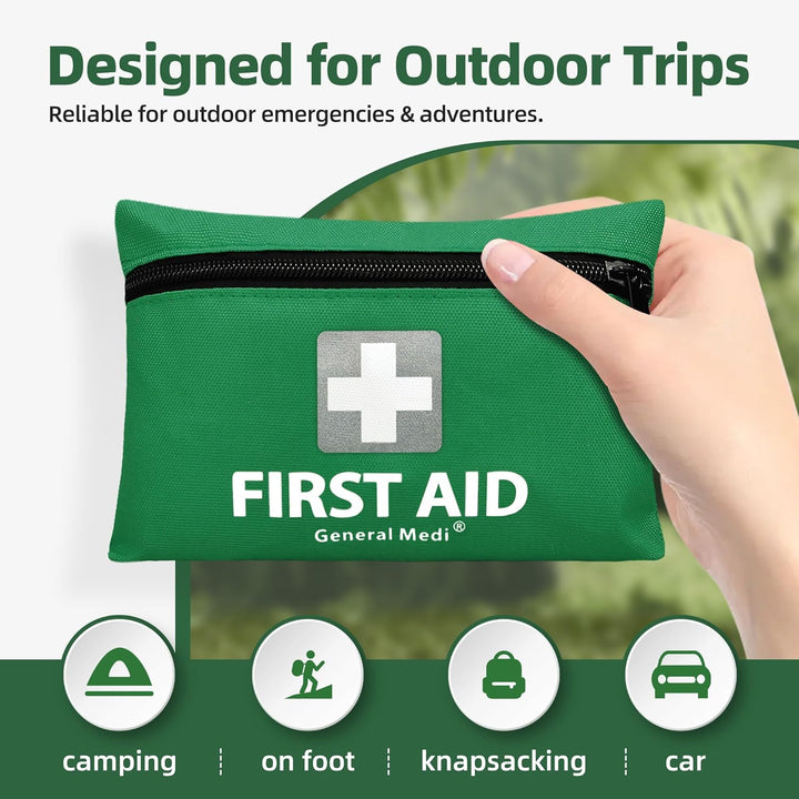 Mini First Aid Kit, 92 Pieces Small First Aid Kit - Includes Emergency Foil Blanket, Scissors for Travel, Home, Office, Vehicle, Camping, Workplace & Outdoor (Green)