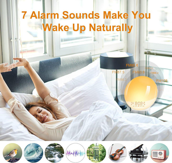 Sunrise Alarm Clocks, Wake up Light with Sunrise/Sunset Simulation Dual Alarms Bedside Night Lamp Snooze Function FM Radio 7 Natural Sound 11 Colorful Atmosphere Lamp(White)