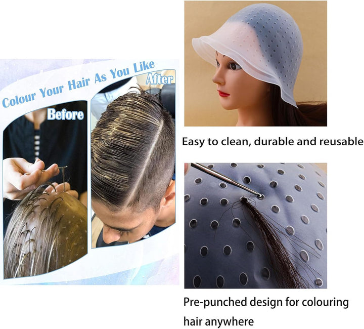 Highlight Caps,11 Pcs Silicone Highlight Cap Kit with Hair Coloring Brushes and Needle,Highlighting Frosting Cap for Color Salon Silicone Hairdressing Tools for Women Girls