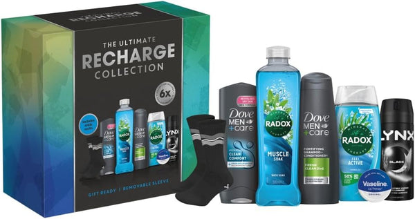 Dove Men+Care, Radox, Vaseline & Lynx the Ultimate Recharge Collection Gift Set Body Wash, Shampoo, Bath Soak, Shower Gel, Lip Balm, Body Spray & Socks Perfect for Any Occasion 6 Piece