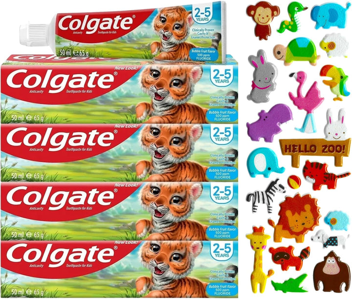 4 Pack Bundle - Colgate Kids Bubble Fruit Toothpaste, 4 X 50Ml, Ages 2-5 Years (Packaging May Vary). a  Bundle with Our Complimentary Puffy Sticker Sheet (Sticker Design Picked at Random)