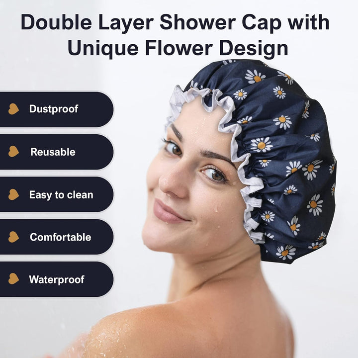 Premium Double Layer Shower Cap for Women with Unique Flower Design- Reusable Shower Cap for Hair - Waterproof Plastic Cap - Shower Caps for Long, Short and Curly Hairs