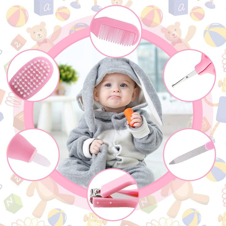 8Pcs Baby Grooming Kit, Newborn Baby Care Accessories with Zipper Box, Baby Hair Nail Thermometer Care Set, Baby Healthcare Set for Newborn Infant, Toddler Girls & Boys (Pink)