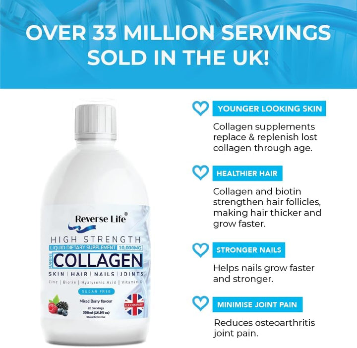 - High Strength Marine Collagen Liquid - Skin, Hair, Nails & Joints - 10,000Mg Hydrolysed Peptide Food Supplement Drink - Hyaluronic Acid, Biotin, Vitamins C and D - Mixed Berry Flavour