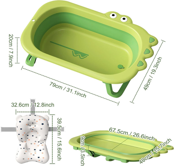 Baby Crocodile Bathtub,Foldable Bath Tub Collapsible Bathtub with Baths Support Cushion Pad Seat Mat, Baby Bath Essentials for Newborn, Anti-Slip Infant Tubs Soft Bathing for 0-3 Years