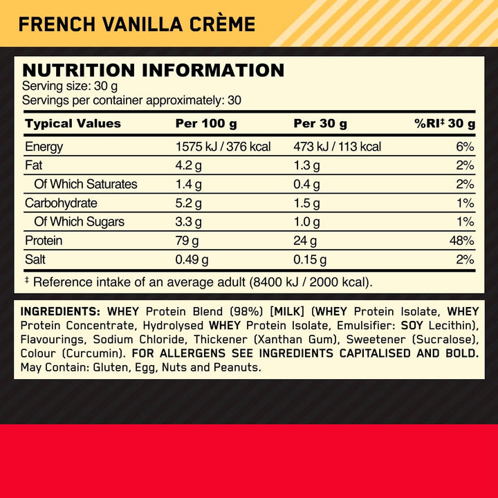 Gold Standard Whey Protein Powder Muscle Building Supplements with Glutamine and Amino Acids, French Vanilla Creme, 30 Servings, 900 G, Packaging May Vary, 891 - 908 G