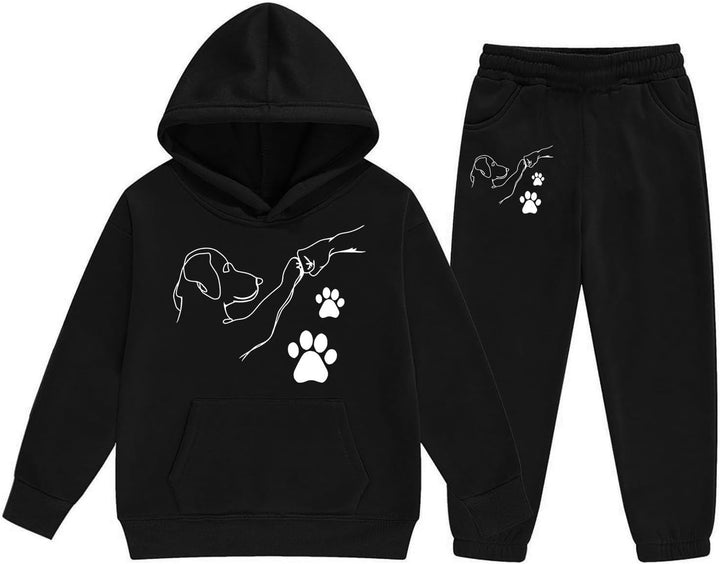 Girls Casual Hooded Tracksuit with Cute Cartoon Fist Bump Print and Drawstring Pockets for Autumn Winter Season