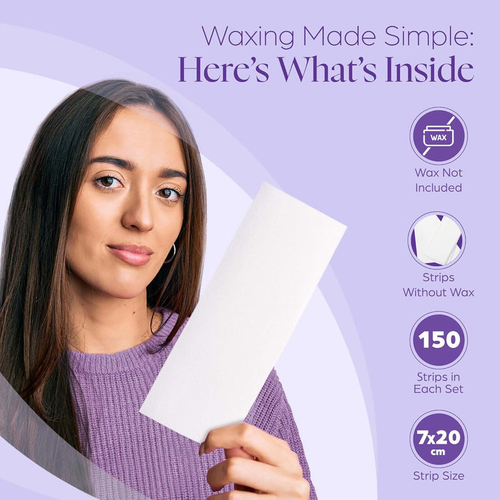 Fleece Strips for Warm Wax and Sugar Paste [Pack of 150] Skin-Friendly and Tear-Resistant Hair Removal Strips Made of Fleece for Any Type of Depilation on Leg, Chest, Back, Intimate Area and Face