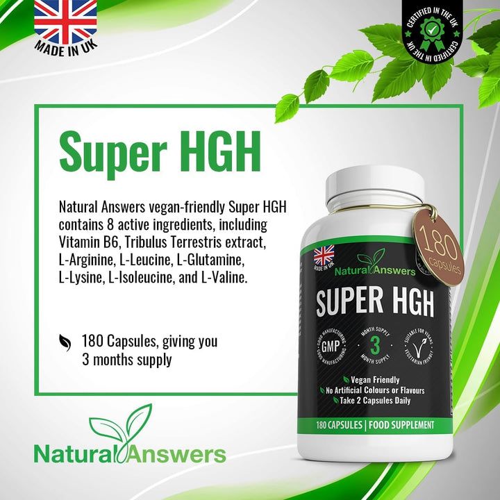 180 Super HGH Vegan Capsules - (3 Months Supply) 9-In-1 HGH Complex with Vitamin B6 and Tribulus Terrestris Extract - Made in the UK