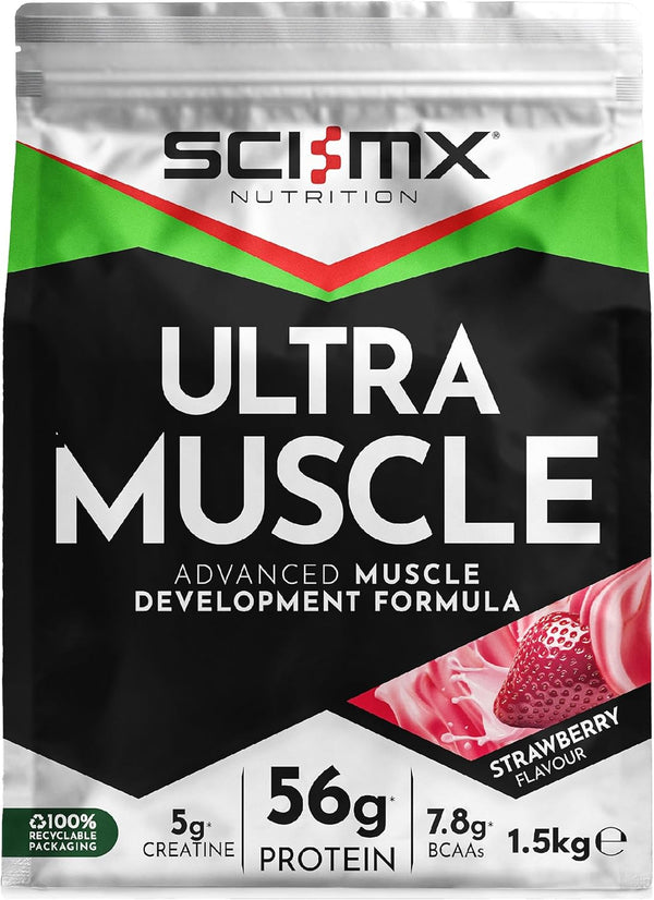Ultra Muscle - Protein Powder for Muscle Development + 23 Vitamins & Minerals - Strawberry • 5G Creatine + 7.8G Bcaas per Serving • 1.5Kg