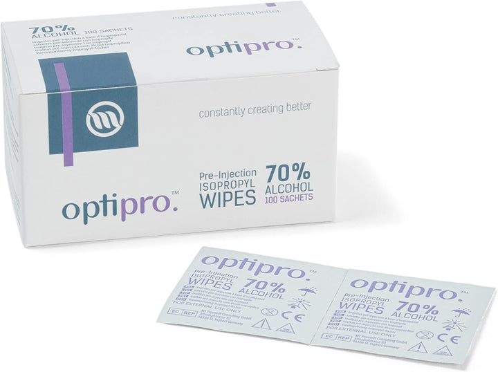 Optipro Pre-Injection Wipes (X100) - Individually Wrapped Disposable Medical Skin Cleaning Easy-Tear 70% Isopropyl Alcohol Sachet (100 Wipes) (Packaging May Vary) (100 Wipes)